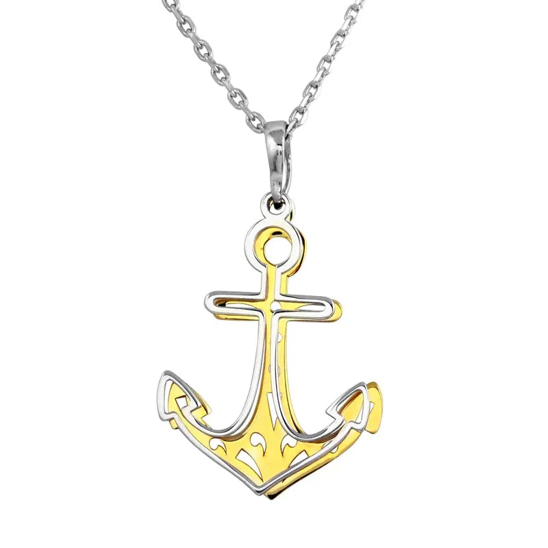 Silver 925 2 Toned Rhodium and Gold Plated Double Anchor Necklace