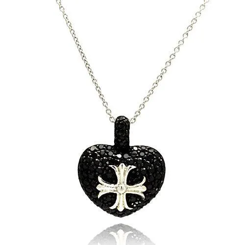 Silver 925 Rhodium Plated Black Heart with Silver Cross Necklace