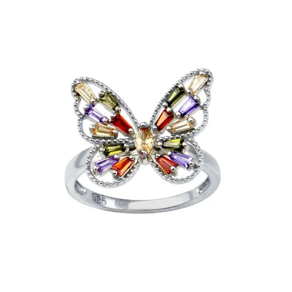 Silver 925 Rhodium Plated Multi Color Baguette CZ Butterfly Ring