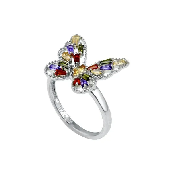 Silver 925 Rhodium Plated Multi Color Baguette CZ Butterfly Ring