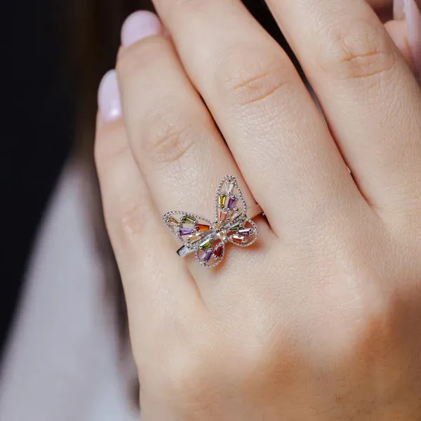 Silver 925 Rhodium Plated Multi Color Baguette CZ Butterfly Ring