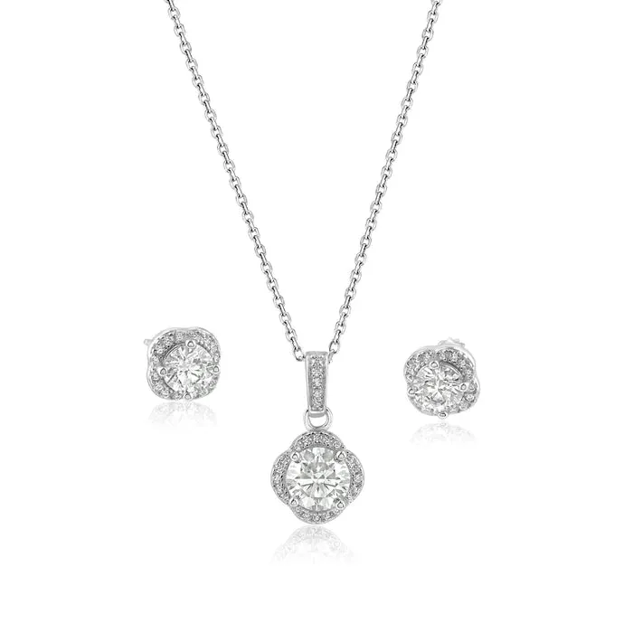 Silver 925 Rhodium Plated Round Moissanite 0.5 Carat Earring and 1 Carat Necklace Sets