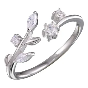 Silver 925 Rhodium Plated Stem Ring with CZ