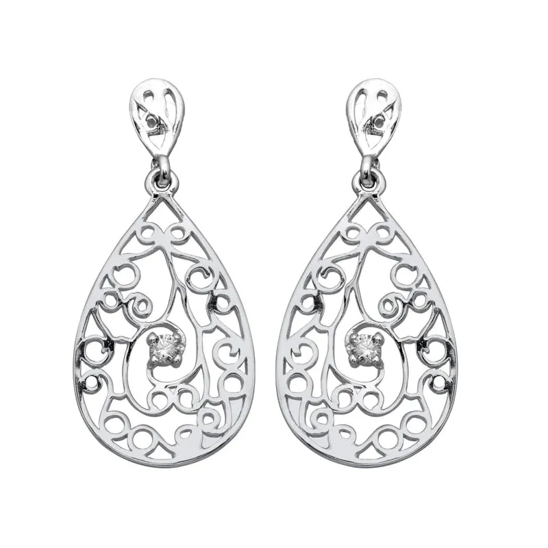 Silver 925 Rhodium Plated Teardrop Filigree Dangling Earrings