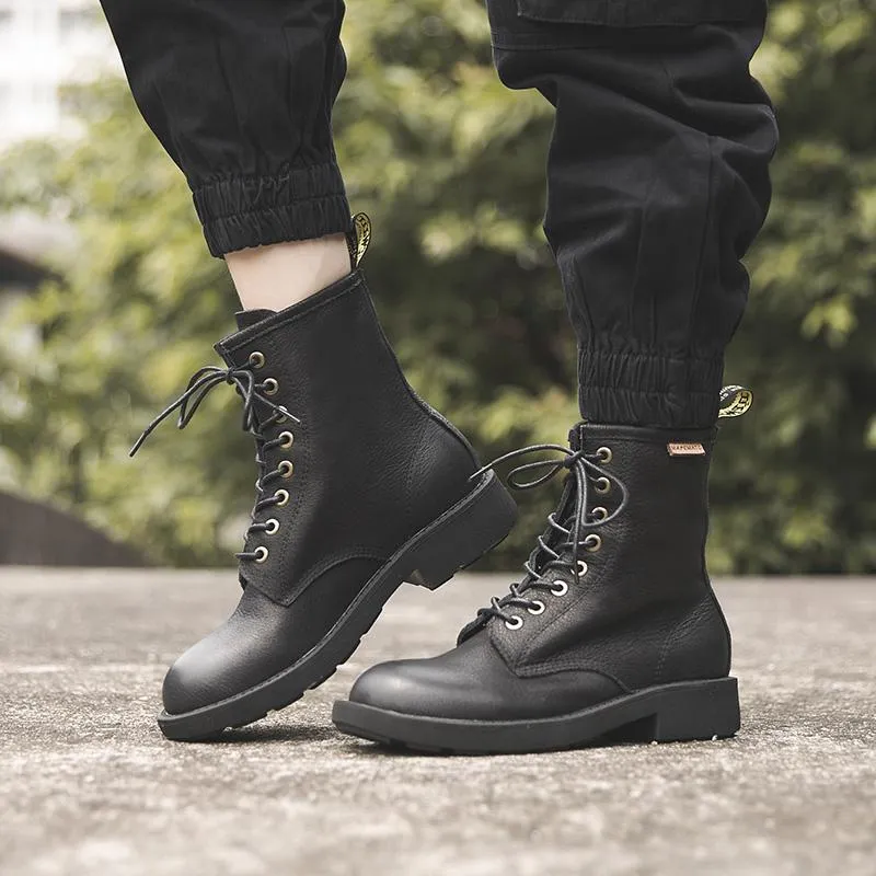 WaxingLeather Combat Boots Lace Up Snow Boots Black/Coffee