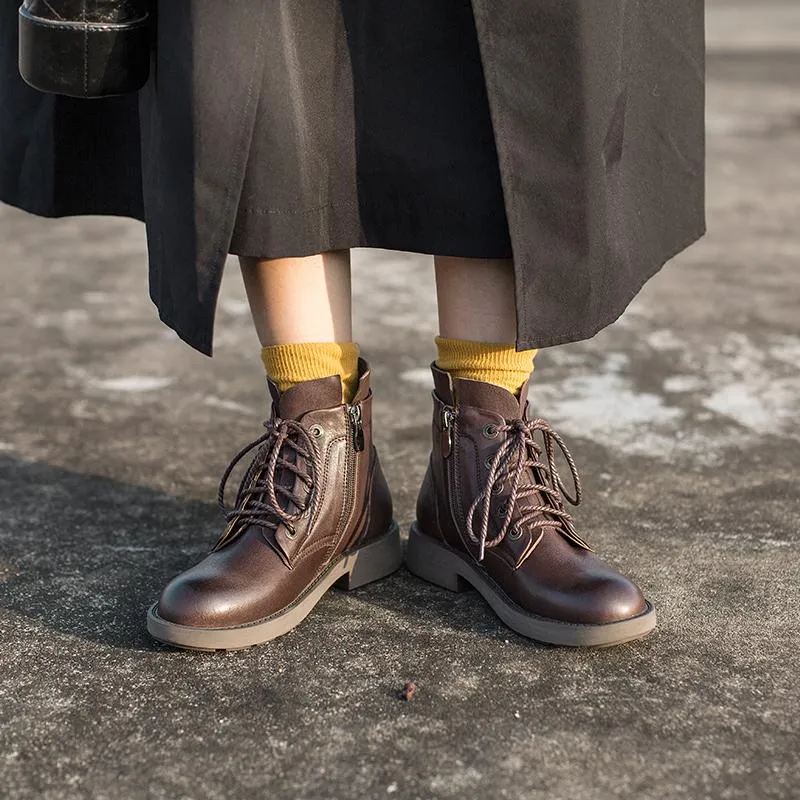 WaxingSheepskin Leather Combat Boots Lace Up Martin Boots Black/Coffee