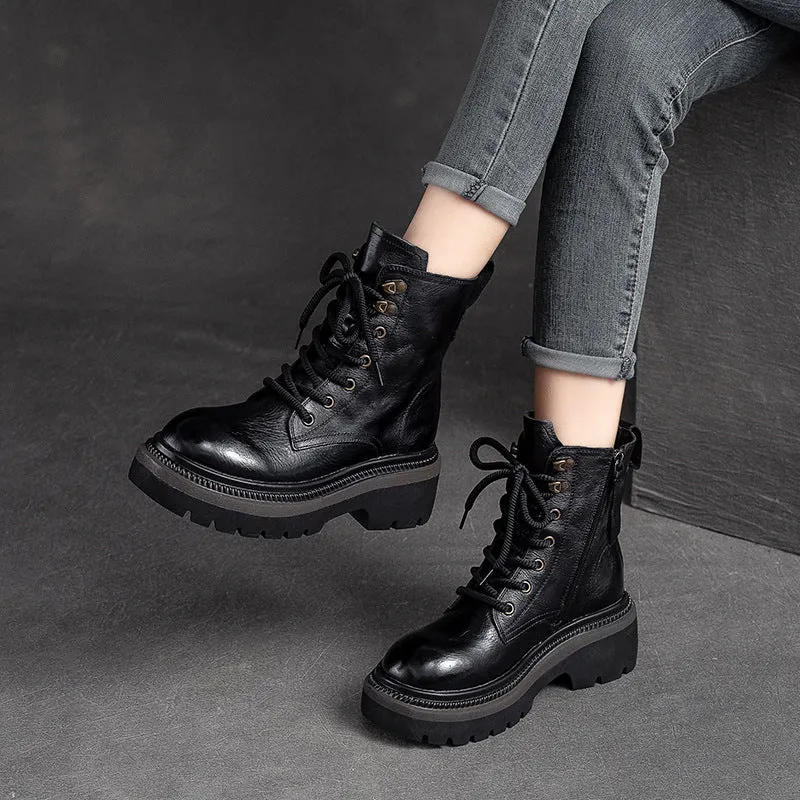 Women Classic Leather Thick Soled Combat Boots