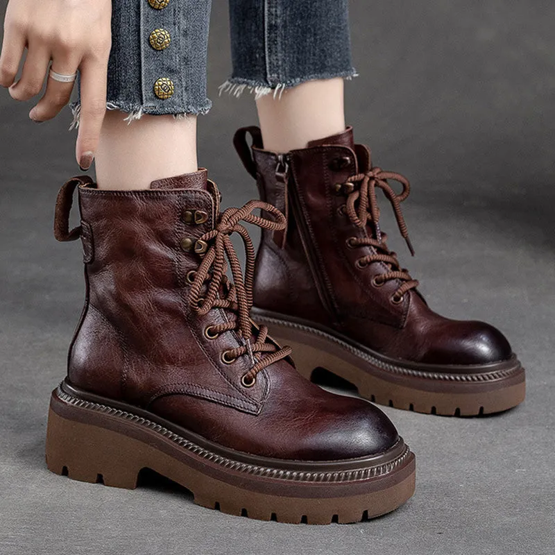 Women Classic Leather Thick Soled Combat Boots