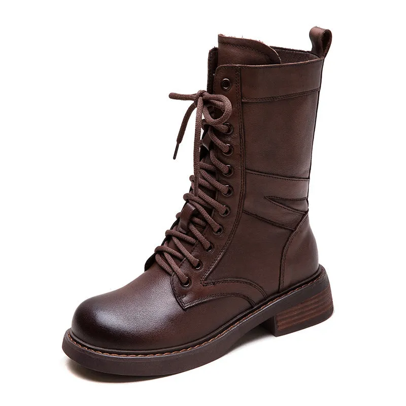 Women Minimalism Leather Mid-Calf Riding Combat Boots