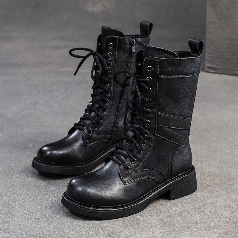 Women Minimalism Leather Mid-Calf Riding Combat Boots