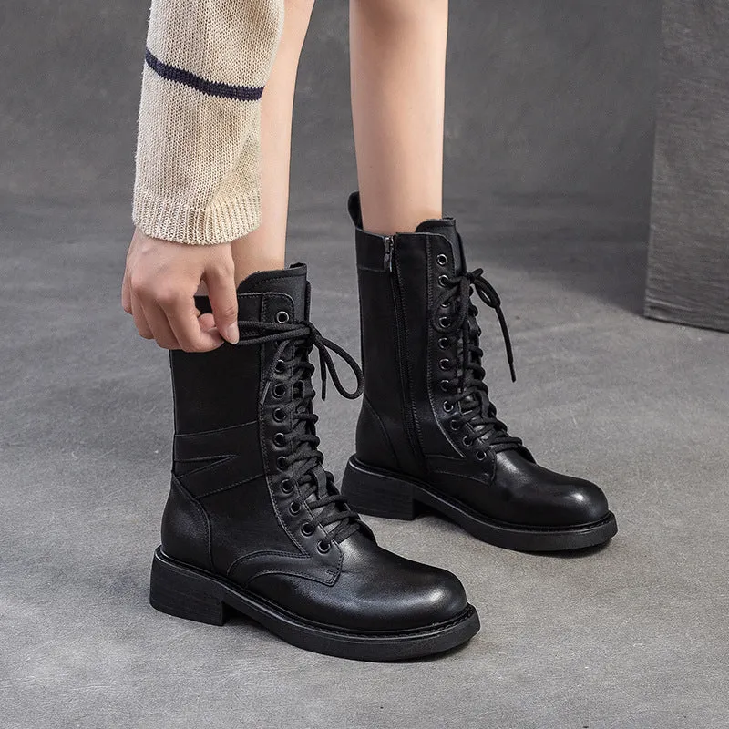 Women Minimalism Leather Mid-Calf Riding Combat Boots