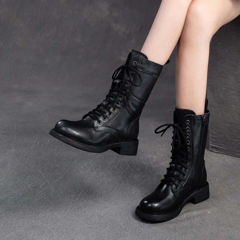 Women Minimalism Leather Mid-Calf Riding Combat Boots