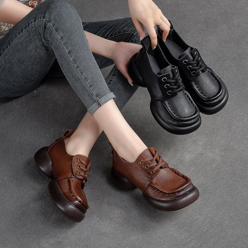 Women Retro Soft Leather Thick Soled Casual Shoes