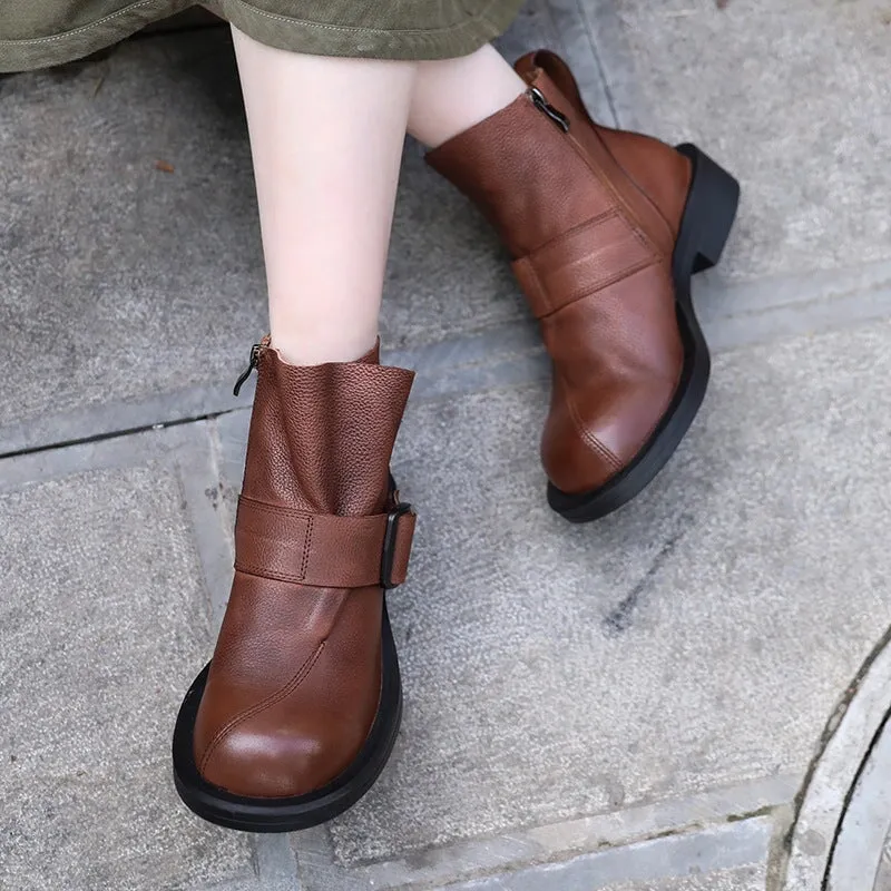 Womens Handmade Retro Soft Leather Ankle Boots Side Buckle in Black/Brown