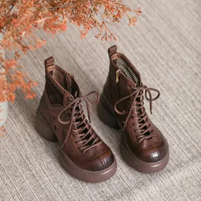 Womens Lace up Summer Boots Handmade Leather Hollow Out Platform Boots Brown/Black