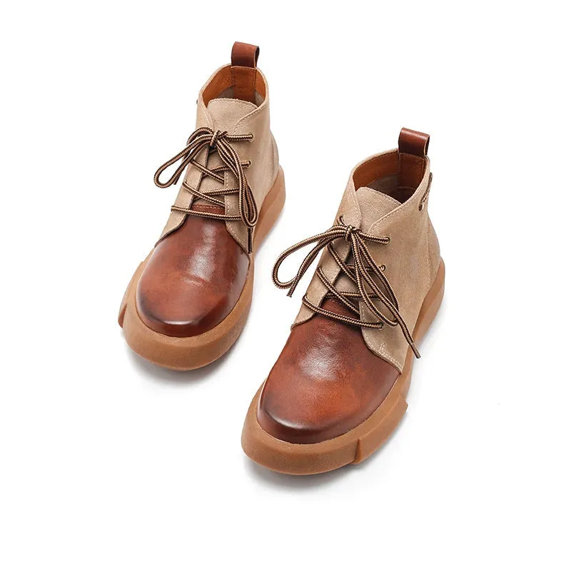 Womens Martin Boots Lace Up Vegetable Tanned Leather Ankle Boots in Coffee/Coffee Short Plush