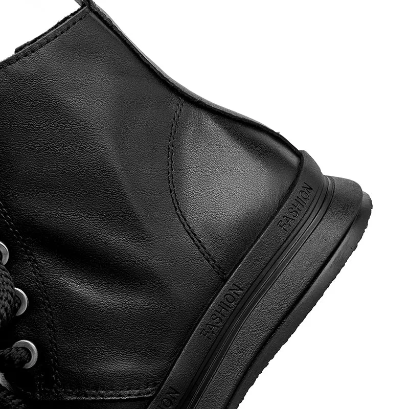 Women's Platform Martin Ankle Boots with Lace-Up/Zipper and Round Toe in Black