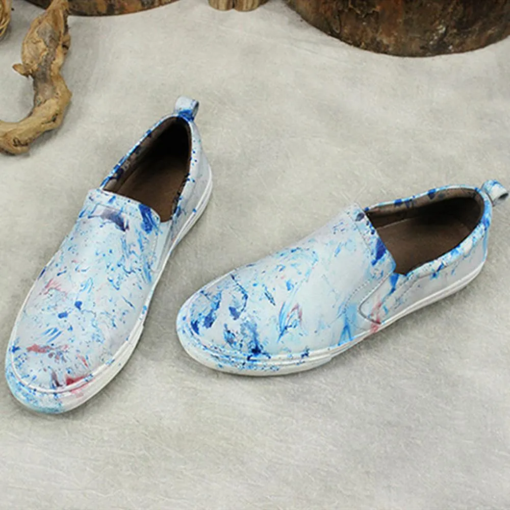 Women'S Sneakers Handmade Casual Flat Shoes Soft Leather Loafers Blue