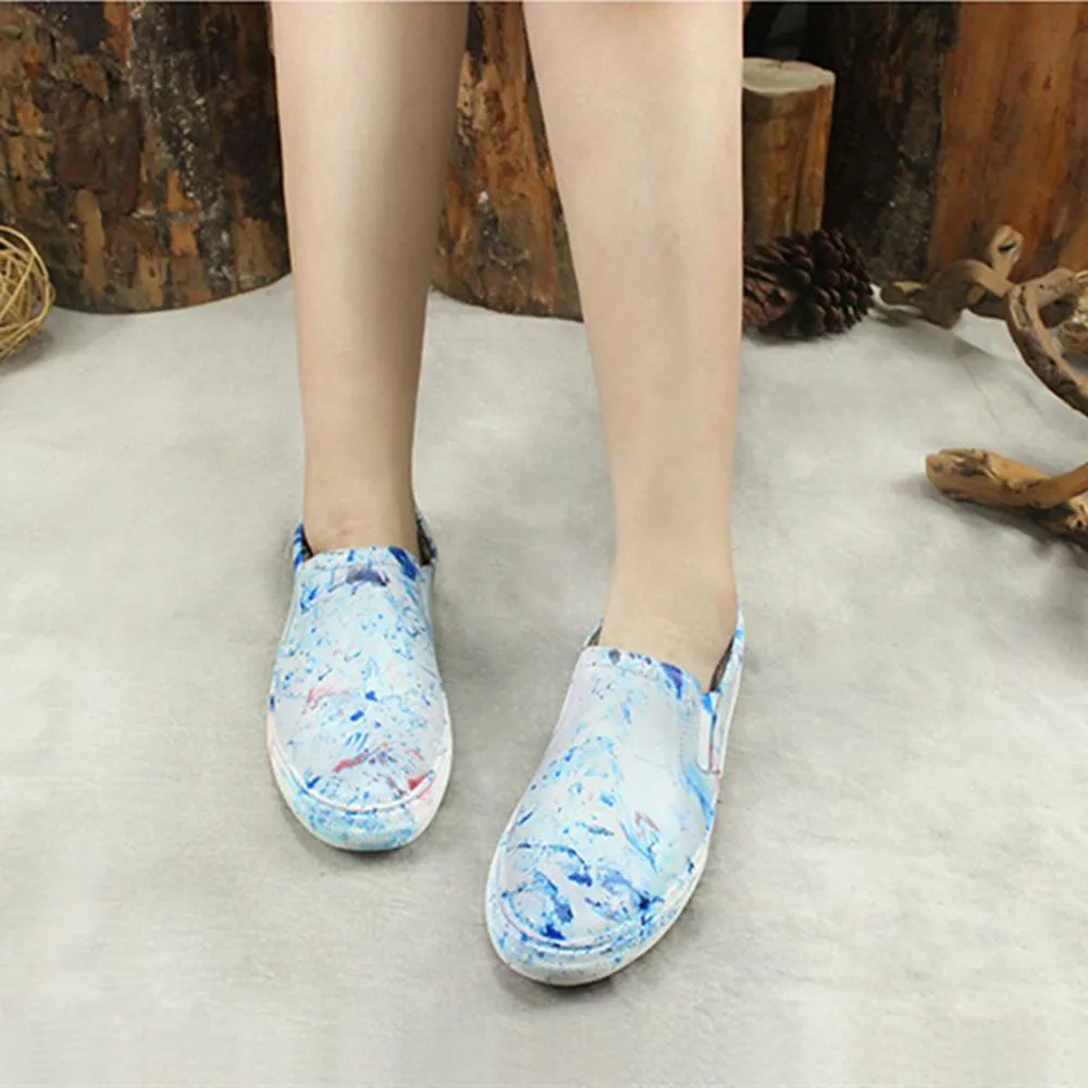 Women'S Sneakers Handmade Casual Flat Shoes Soft Leather Loafers Blue